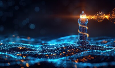 A lighthouse is lit up in the night sky with a blue and orange glow