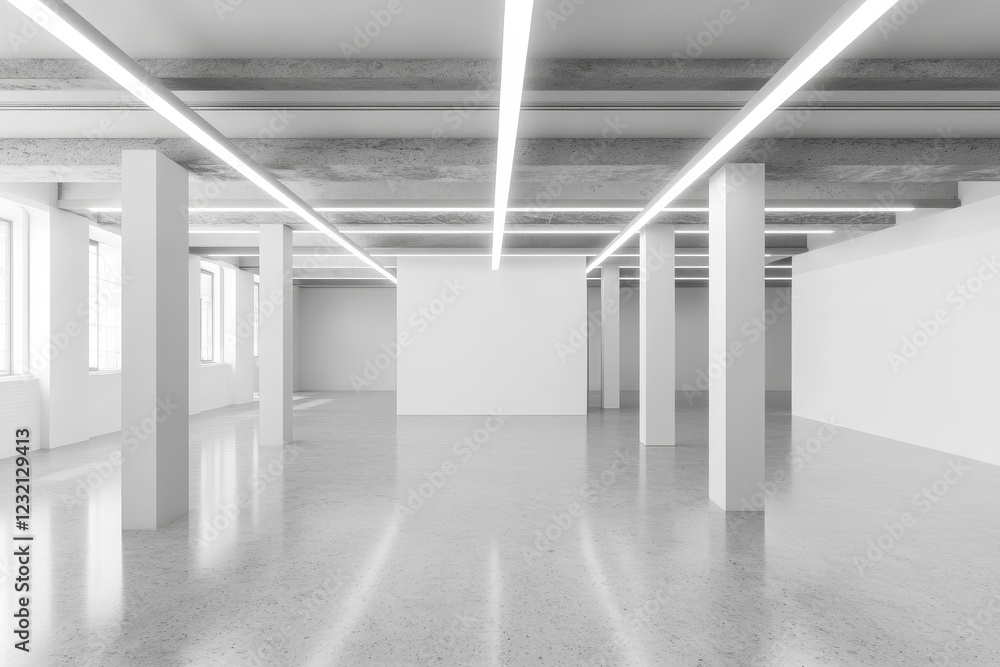 Poster modern empty white office space with concrete columns and linear lighting.