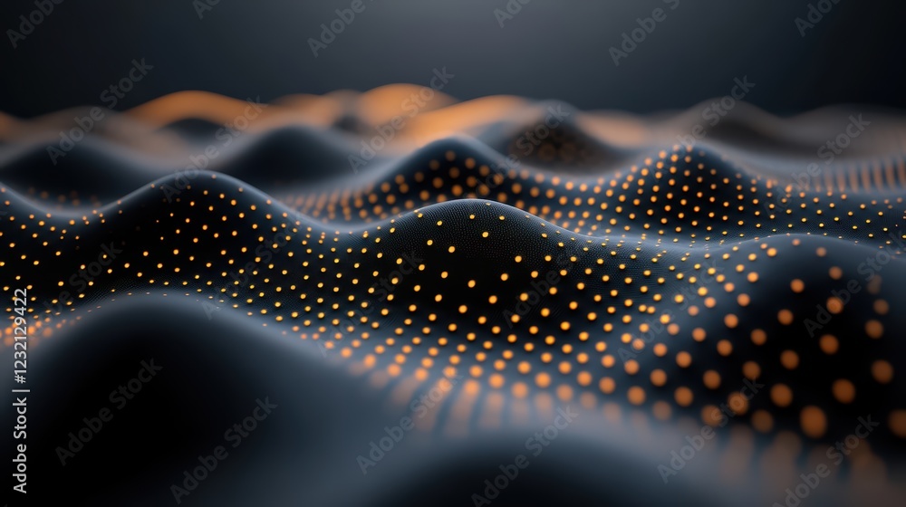 Poster abstract digital wave with orange dots on dark surface in futuristic setting