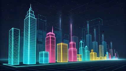 Fototapeta premium Futuristic City Skyline with Neon Lights and Digital Elements