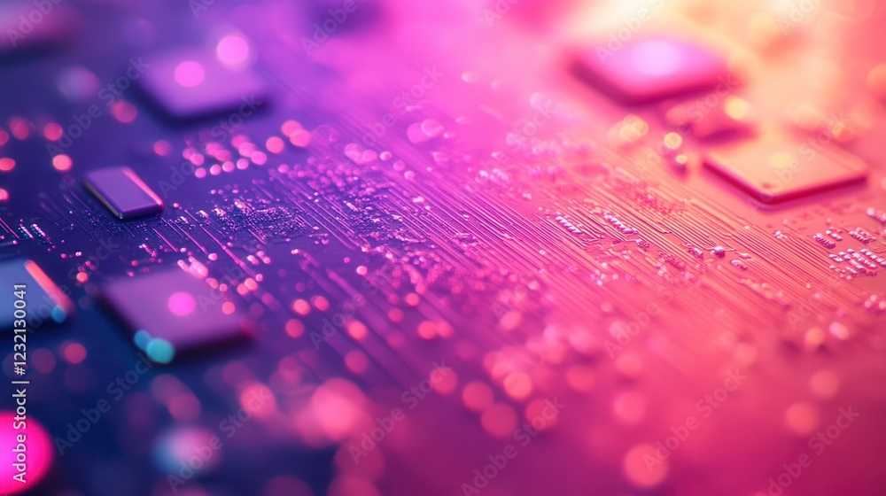 Aufkleber close up view of a circuit board with integrated circuits, illuminated with vibrant pink and orange 