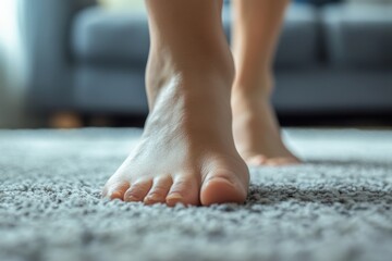 Close-up bare feet of person feeling pain on foot heel