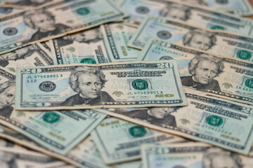 A collection of twenty dollar bills covers a flat surface, with one bill placed prominently in the center displaying its distinct features and design elements.