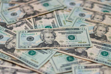 A collection of twenty dollar bills lies scattered across a surface, displaying intricate designs and green hues, illustrating elements of American currency.