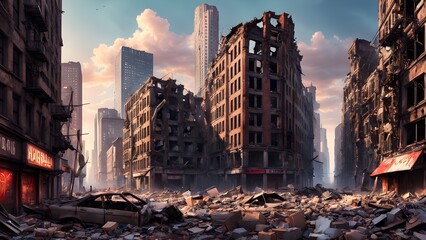 Post-apocalyptic cityscape panorama depicting a ruined city street at sunset, with crumbling buildings and debris-strewn ground.
