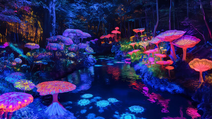 Fantasy forest with magic tree and mushroom cartoon vector game background. Alien garden with psychedelic neon flower and plant element. Fluorescent wonderland with mystical river adventure design