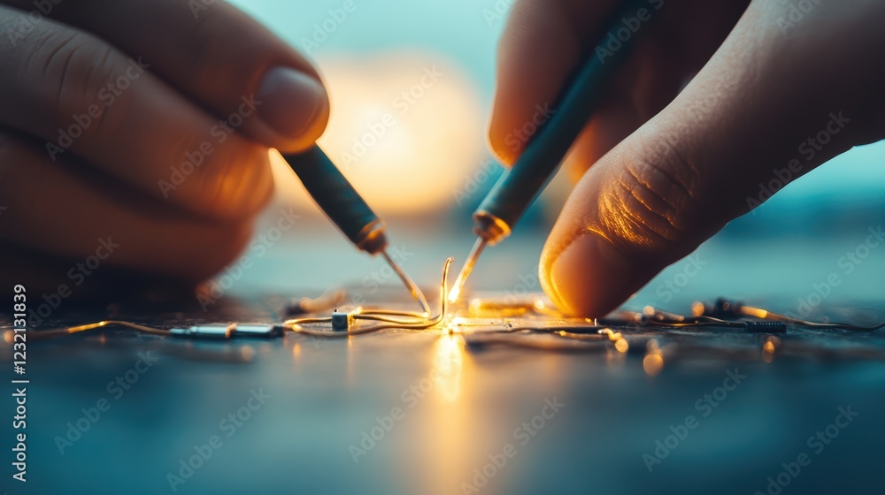 Poster close-up of hands working on circuit board with glowing components