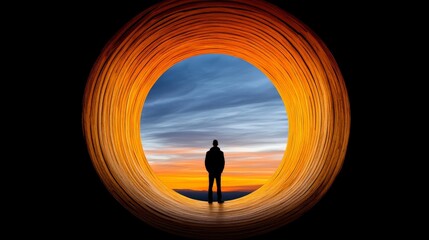 Gateway to Dreams: A silhouette of a solitary figure stands poised, gazing towards the vibrant horizon, the portal framing the possibilities ahead. 