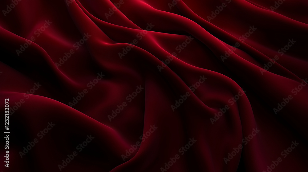 Fototapete Luxurious deep red fabric with flowing folds and velvety texture, creating an elegant and opulent visual effect. The rich color and soft waves enhance the sense of depth and movement, emphasizing the 