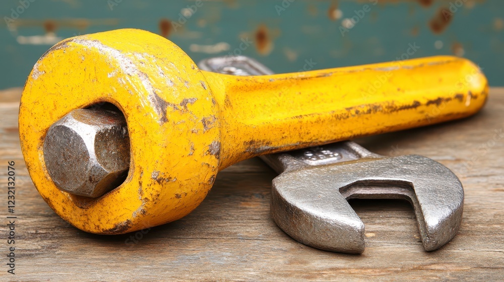 Poster close up of a yellow socket wrench and a silver adjustable wrench on a weathered wooden surface. rus