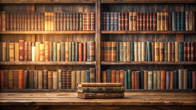 Old bookshelf with a stack of books and a blurred book cover on the top shelf, storage, dusty,  storage, dusty, faded
