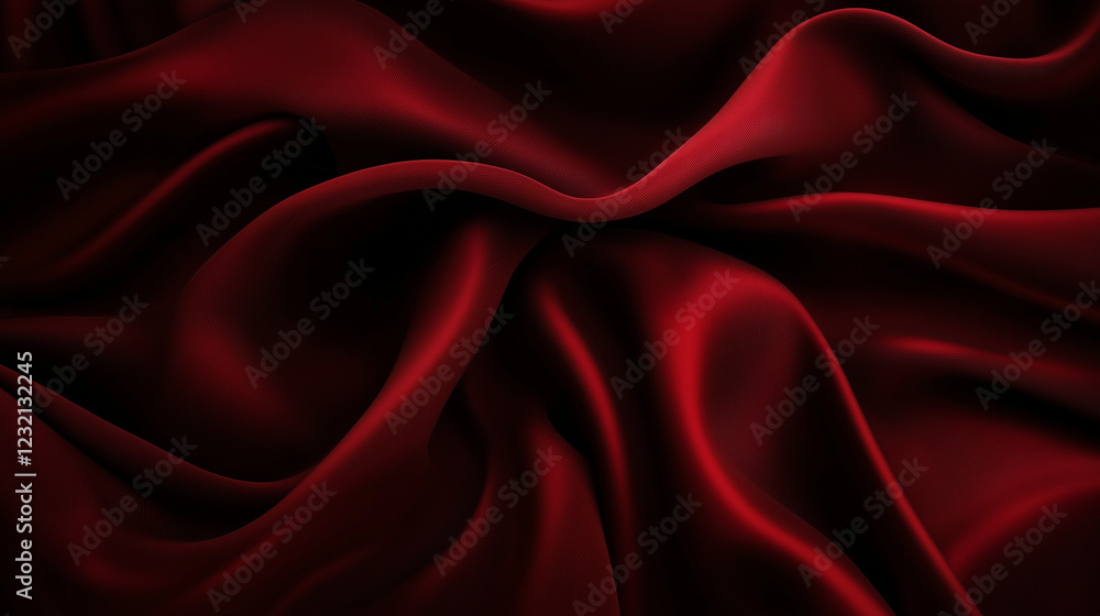 Fototapete Luxurious deep red fabric with flowing folds and velvety texture, creating an elegant and opulent visual effect. The rich color and soft waves enhance the sense of depth and movement, emphasizing the 