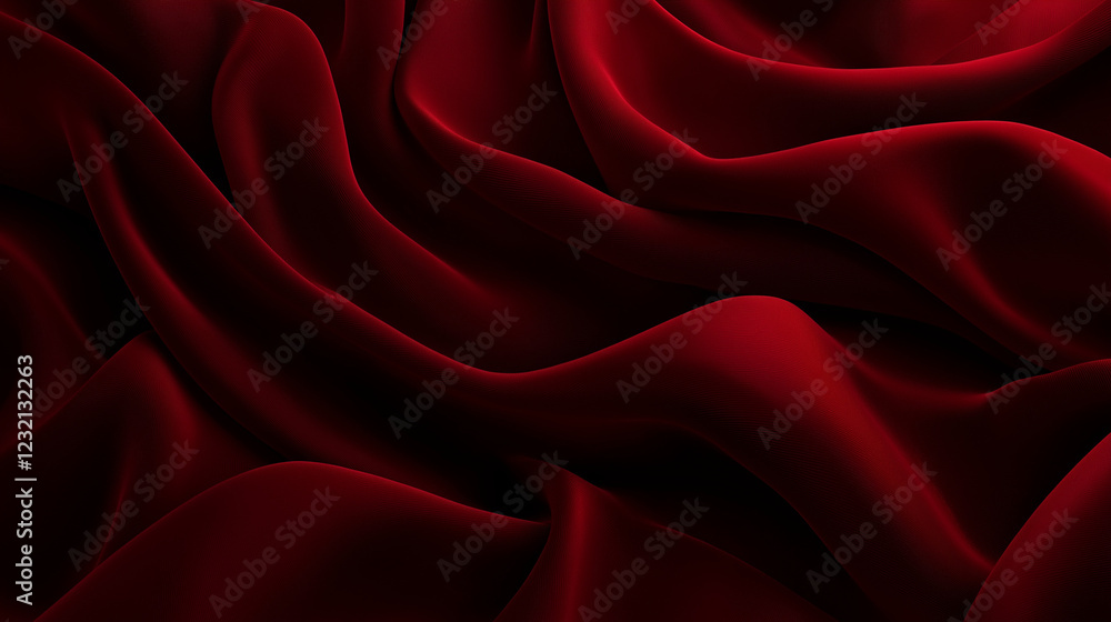 Fototapete Luxurious deep red fabric with flowing folds and velvety texture, creating an elegant and opulent visual effect. The rich color and soft waves enhance the sense of depth and movement, emphasizing the 