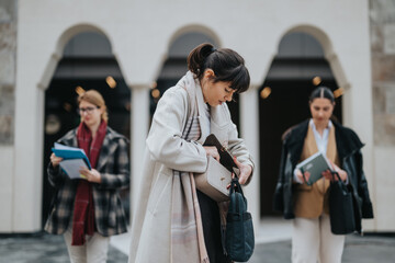 Three professional women walking together, carrying bags and documents near an urban building.