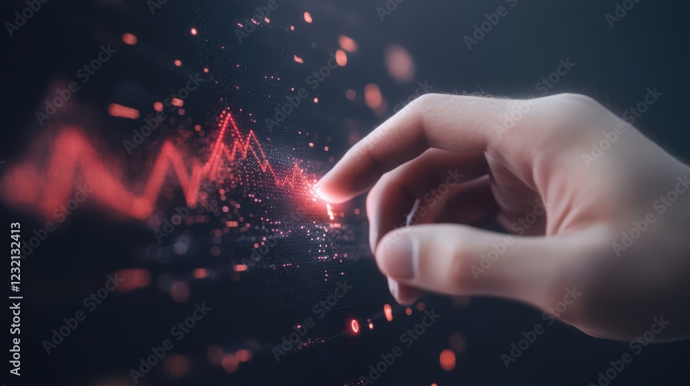 Poster hand interacting with digital financial graph in futuristic interface