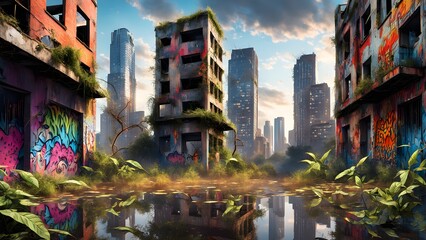 Obraz premium Overgrown, graffiti-covered ruins of a city reflect in a stagnant pool, juxtaposed against a backdrop of modern skyscrapers.