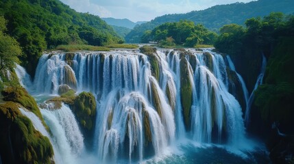 Fototapeta premium Majestic waterfall cascading, lush green valley background, nature travel