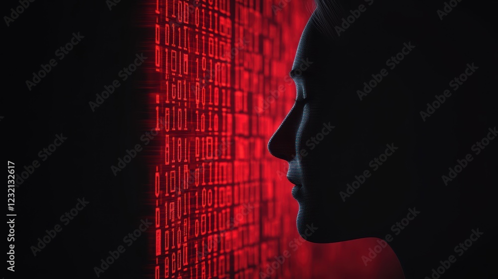 Poster silhouette of female against red digital binary code background