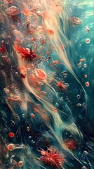 Ethereal Aquatic Dreamscape: Abstract swirls of color and light create a mesmerizing underwater scene, featuring ethereal anemones, vibrant bubbles, and a shimmering sunbeam piercing the depths.
