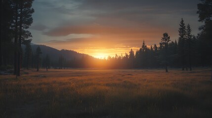 Fototapeta premium A serene sunset over a grassy meadow surrounded by trees and mountains.