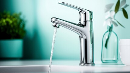 Sink faucet flowing water minimalist concept. A sleek modern faucet with flowing water, set against a calming mint backdrop featuring greenery and a minimalist design.
