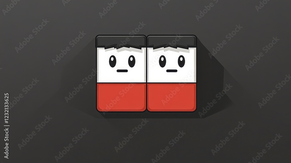 Poster pixel art illustration of two identical red and white characters with simple facial expressions agai