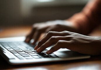 A person is typing on a laptop with their hand on the keyboard