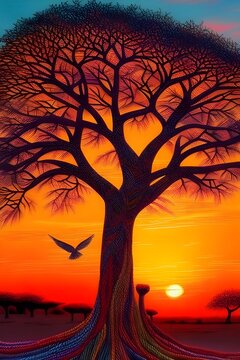Yarn art illustration of a baobab tree and bird at sunrise