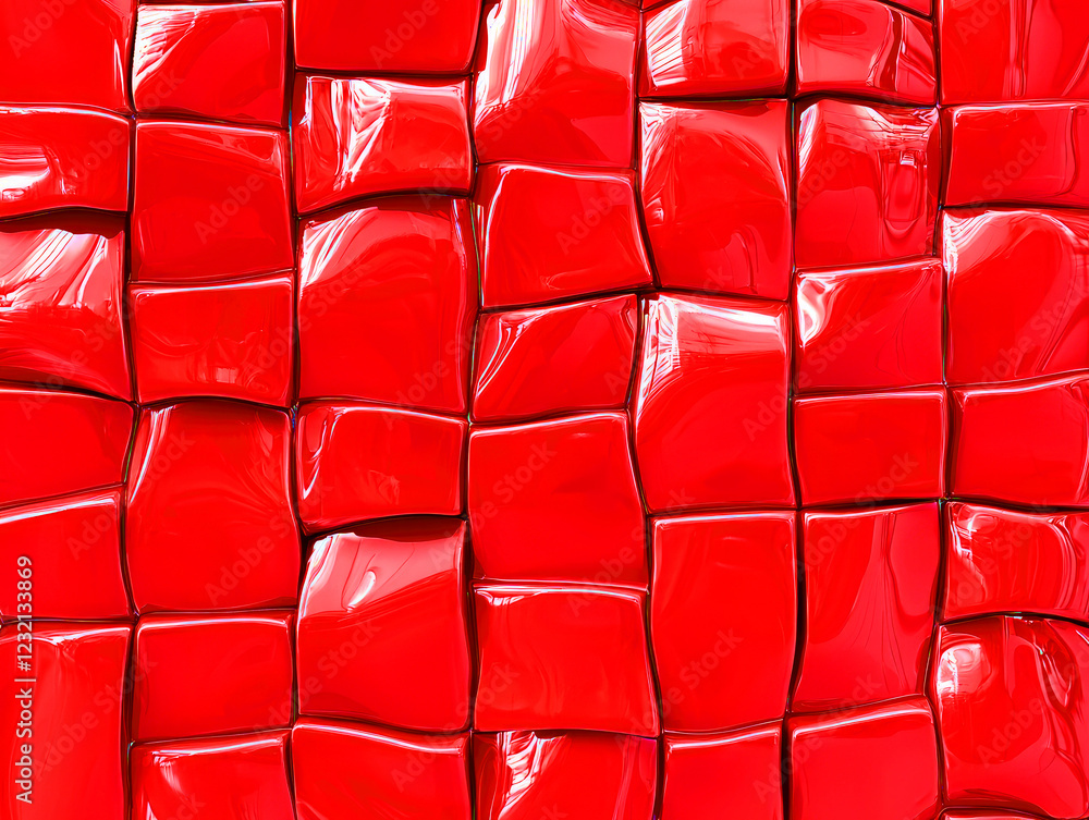 Poster red mosaic tiles texture: a vibrant close-up shot of glossy, red mosaic tiles, each with a slightly 
