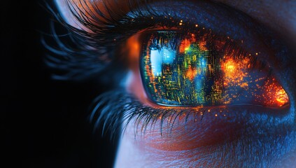 A close up of a person's eye with a colorful, glowing effect