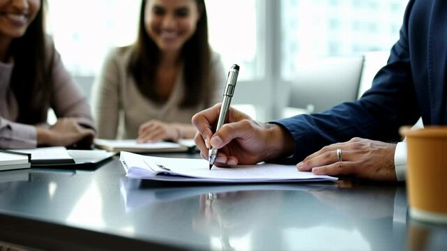 Close up of a couple signing a legal document with a pen.