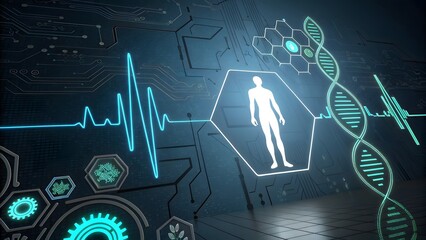 Futuristic Medical Technology Visualization with Human Silhouette and DNA
