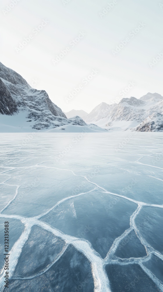 Poster frozen lake surface reflecting winter mountains under pale sky, creating a serene and minimalist lan