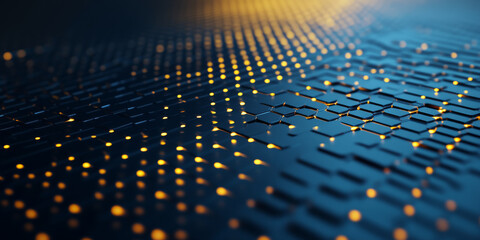 Midnight blue hexagonal metal background with radiant golden light accents. A sleek 3D geometric texture featuring glowing grid lines, perfect for luxury branding. Elegant horizontal banner design