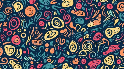 Fun and playful seamless pattern featuring abstract shapes and squiggles reminiscent of children's drawings. Vibrant colors and energetic lines create a lively and whimsical atmosphere