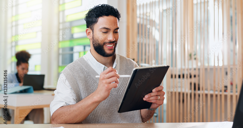 Aufkleber Business, smile and tablet with graphic designer man at desk in office for editing of company web page. Artistic, creative and pen for drawing with happy employee in workplace for development