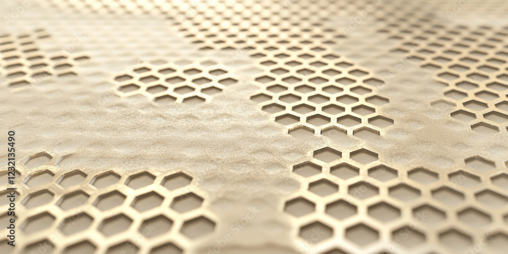 Poster sandstone beige hexagonal metal background with soft golden light grid patterns. a minimalist and el