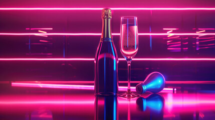 Champagne with neon lights visualized with a vintage and timeless atmosphere, highly detailed