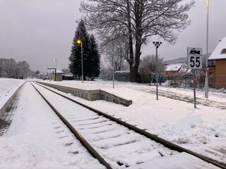 Czech train stop from side in Winter