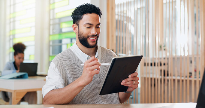 Business, smile and tablet with graphic designer man at desk in office for editing of company web page. Artistic, creative and pen for drawing with happy employee in workplace for development