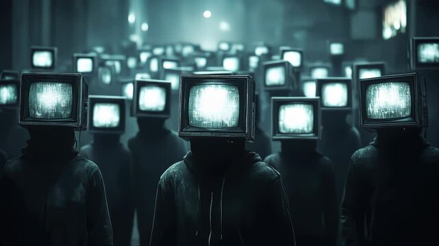 A surreal depiction of a crowd with TV screens as heads, symbolizing media influence, conformity, and dystopian themes.