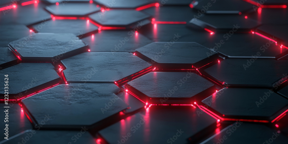 Poster matte black hexagonal metal texture with glowing red light lines, forming a bold and sophisticated g