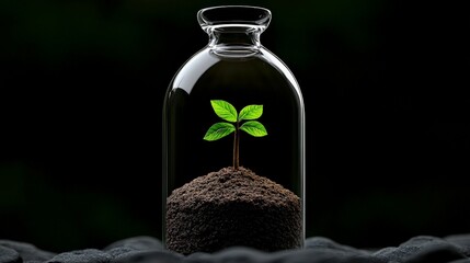 Growth in a Bottle: A conceptual image of a tiny plant thriving within a glass bottle, representing the essence of growth, sustainability, and the beauty of life.