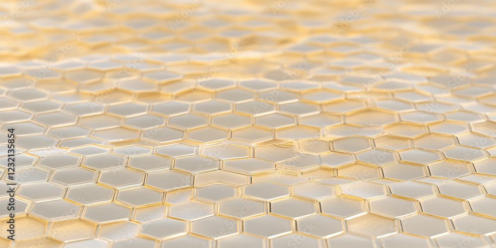 Poster sandstone beige hexagonal metal background with soft golden light grid patterns. a minimalist and el