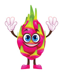 Cheerful dragon fruit character with both hands raised, smiling and excited. Vector cartoon illustration