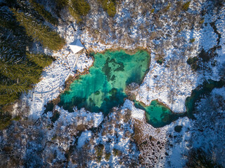 An aerial photo of Zelenci, Kranjska Gora, Slovenia, in the winter