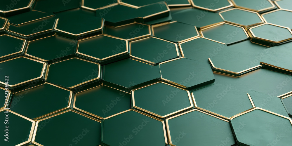 Poster forest green hexagonal metal background with glowing golden lines intersecting the 3d surface. a ref