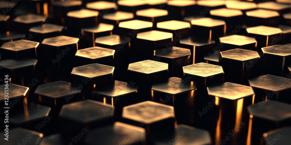 Poster dark charcoal hexagonal grid background with bold golden light patterns enhancing its depth. a drama