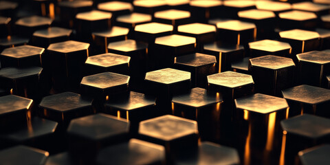 Obraz premium Dark charcoal hexagonal grid background with bold golden light patterns enhancing its depth. A dramatic, elegant 3D texture with a sleek metallic finish, perfect for premium wedding banners or luxury