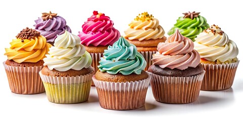Set of cupcakes with colorful cream on a white background.